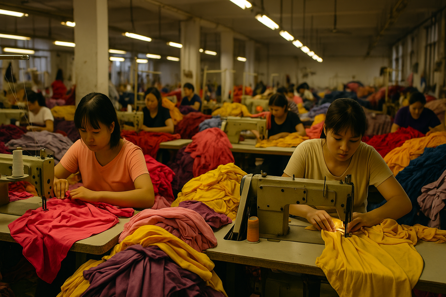 Ouvrières dans un atelier textile asiatique surchargé, piles de vêtements colorés empilés autour d’elles, atmosphère industrielle et lumière artificielle