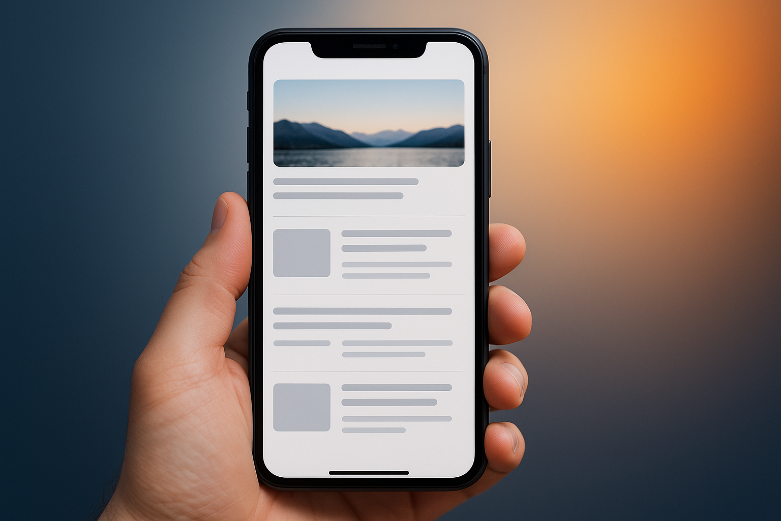 Main tenant un smartphone affichant un flux de contenu au design épuré, avec une grande image en haut et des cartes grises stylisées sur un fond dégradé bleu orangé.