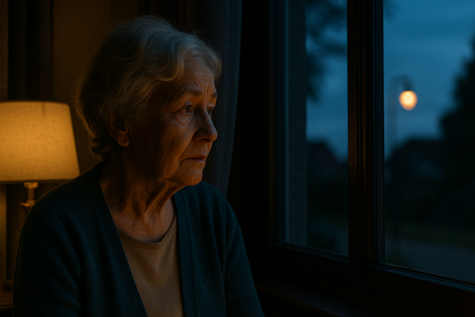 Femme âgée assise près d’une fenêtre au crépuscule, éclairée par une lampe, regardant dehors avec une expression sérieuse et pensive.