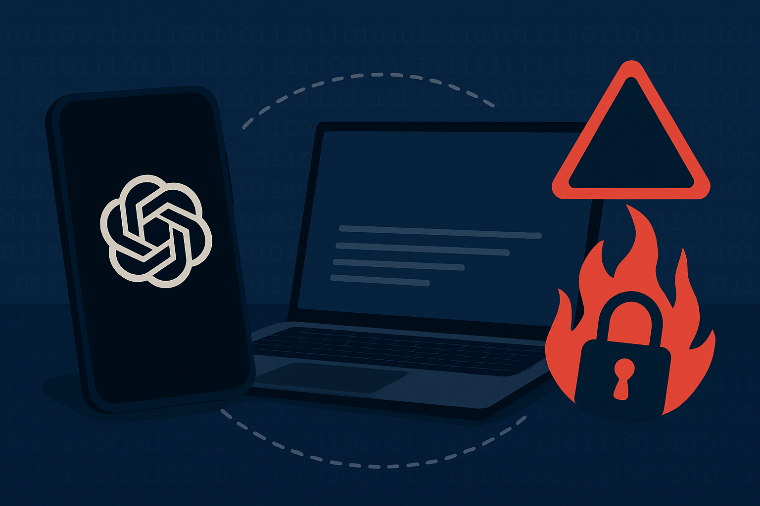Illustration de cybersécurité montrant un smartphone et un ordinateur portable connectés, avec un symbole d’alerte rouge et un cadenas enflammé, représentant une fuite de données et un risque de sécurité informatique.