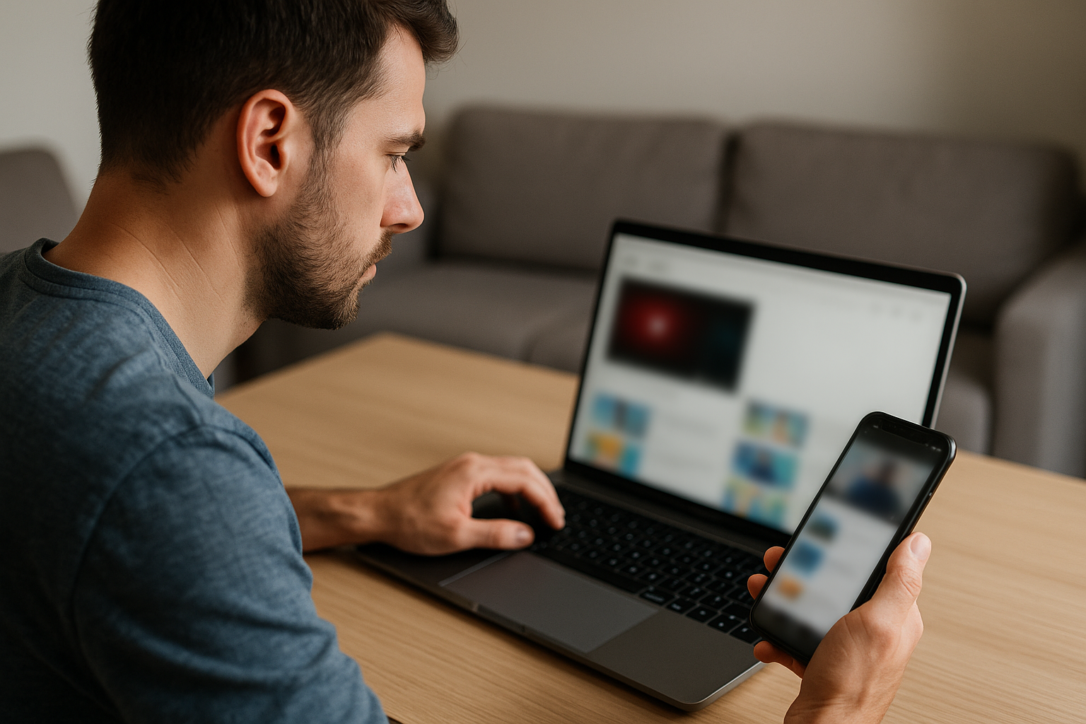 Un homme assis à une table regarde attentivement l’écran flouté de son ordinateur portable tout en tenant son smartphone également flouté, dans une ambiance moderne et lumineuse symbolisant l’utilisation quotidienne d’Internet et des services numériques gratuits.