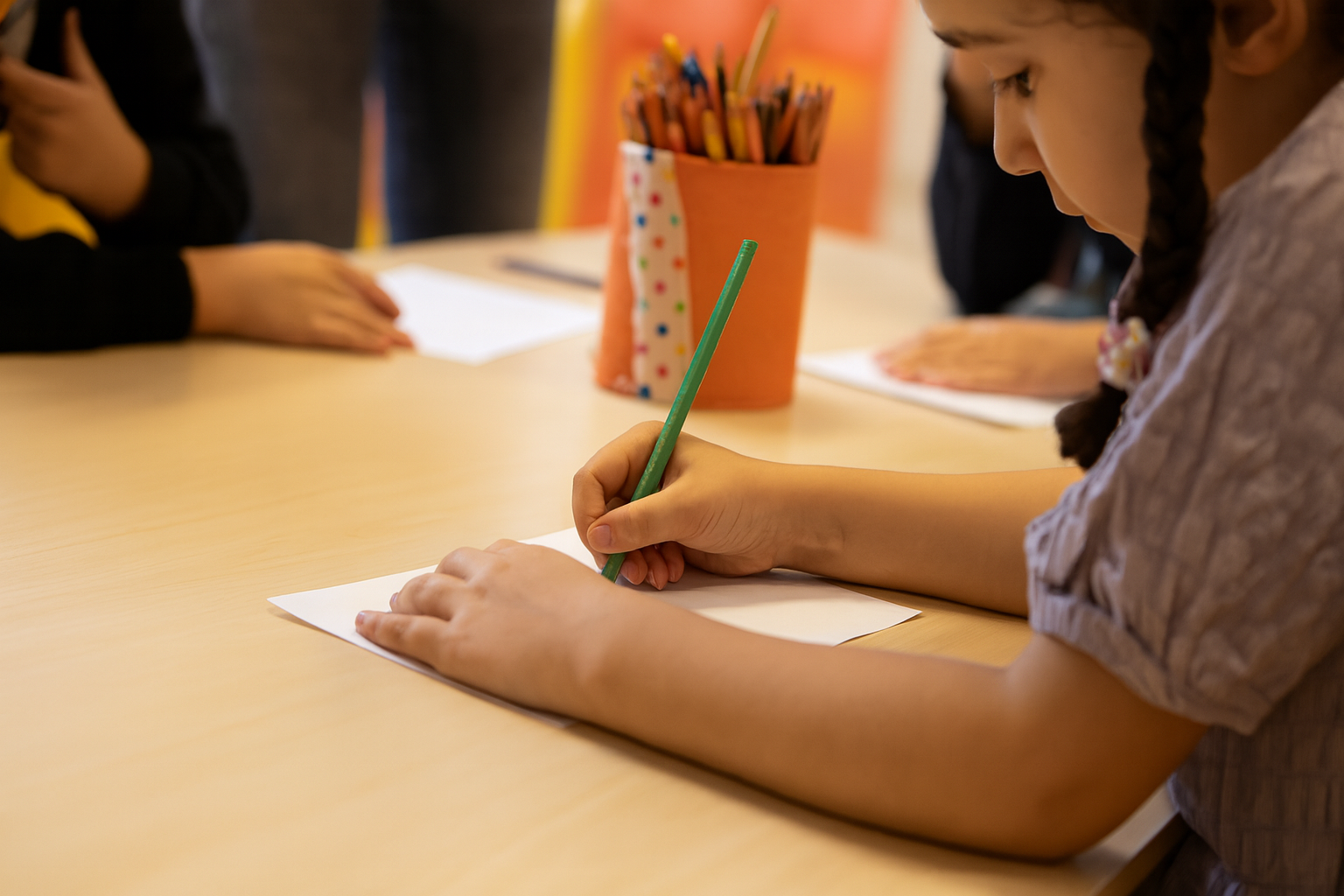Une enfant assise à une table de classe, tenant un crayon vert et dessinant sur une feuille blanche, avec d’autres enfants et un pot de crayons visibles en arrière-plan dans une ambiance de maternelle.