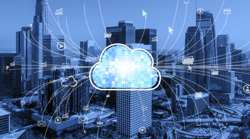 Illustration d’un grand centre urbain avec une icône de cloud numérique au centre, reliée par de multiples lignes et pictogrammes représentant des données, des fichiers et des applications circulant dans un environnement d’hébergement cloud.