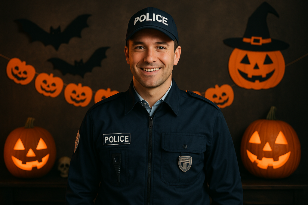 Policier français souriant en uniforme, debout devant une décoration d’Halloween avec citrouilles éclairées, guirlandes de visages de citrouilles et silhouettes de chauves-souris.