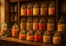 Vieille boutique de confiserie traditionnelle avec bocaux remplis de bonbons colorés en verre ancien, éclairée par une lumière dorée rappelant l’ambiance d’antan.