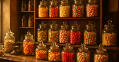 Vieille boutique de confiserie traditionnelle avec bocaux remplis de bonbons colorés en verre ancien, éclairée par une lumière dorée rappelant l’ambiance d’antan.