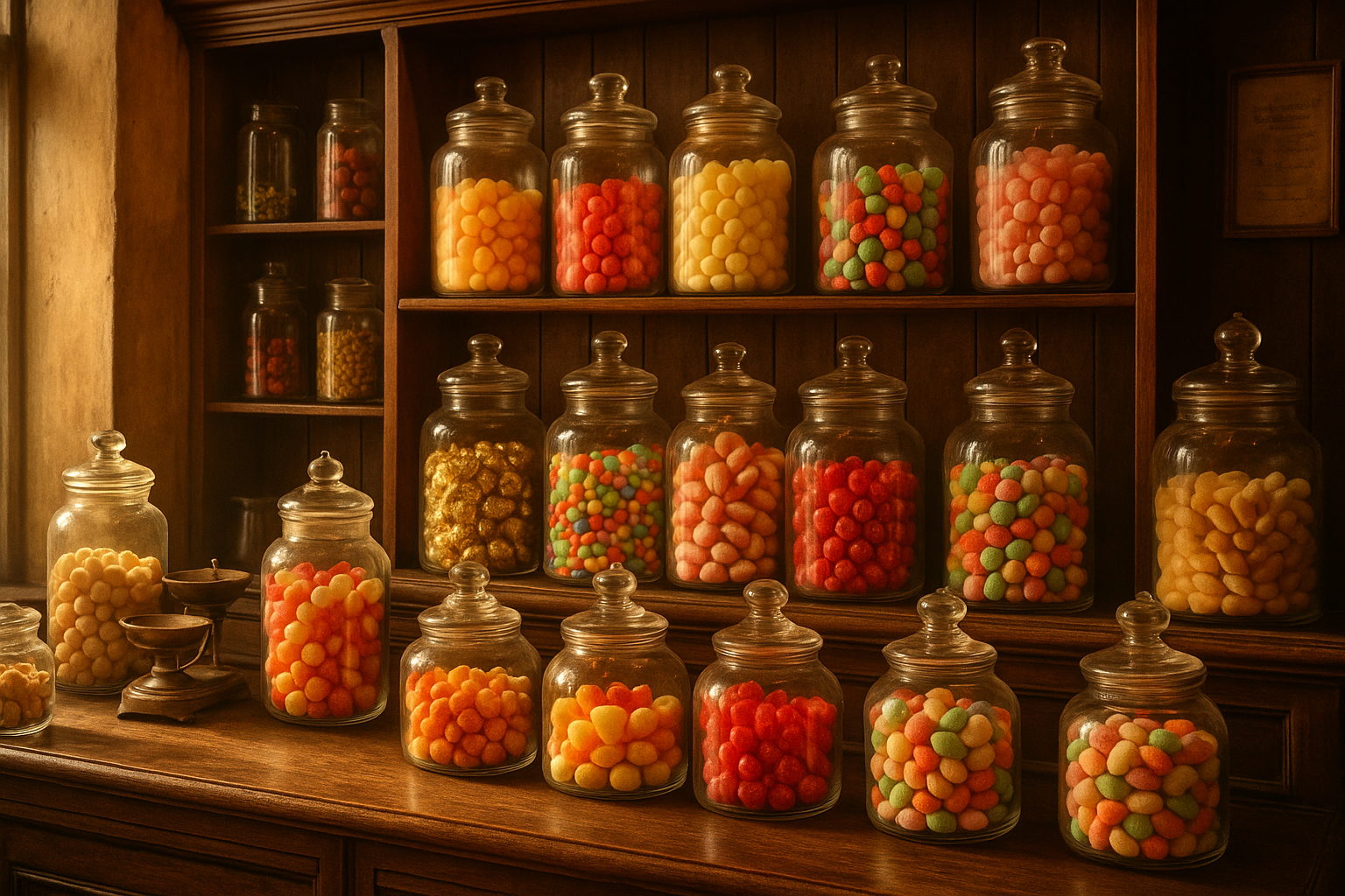 Vieille boutique de confiserie traditionnelle avec bocaux remplis de bonbons colorés en verre ancien, éclairée par une lumière dorée rappelant l’ambiance d’antan.