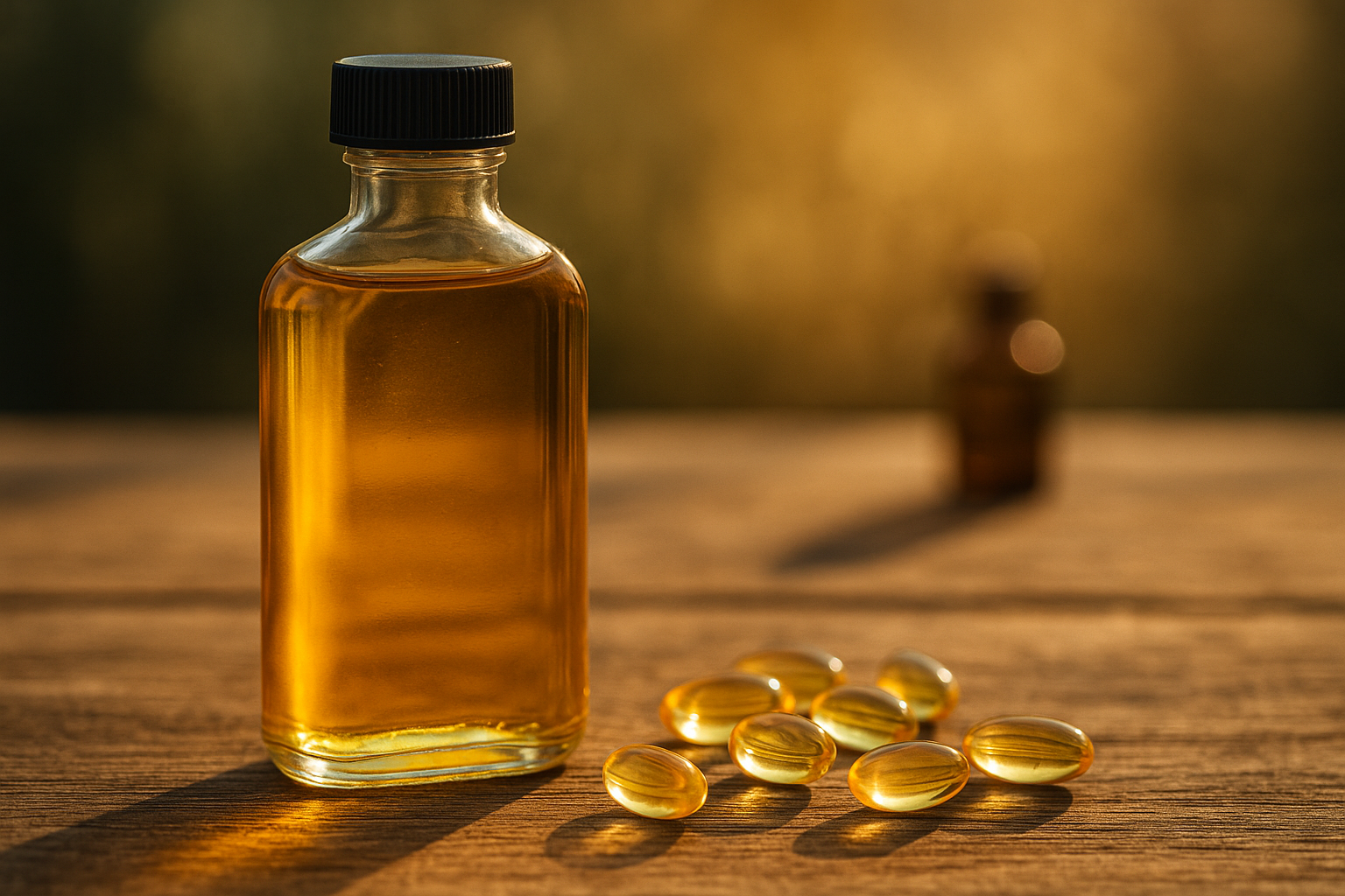 Flacon en verre contenant de l’huile de foie de morue dorée posé sur une table en bois clair, entouré de capsules transparentes, éclairé par une lumière naturelle chaude et douce.