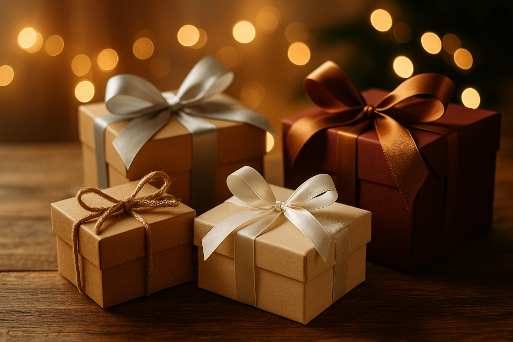 Quatre boîtes cadeaux posées sur une table en bois, éclairées par une lumière chaleureuse en arrière-plan.