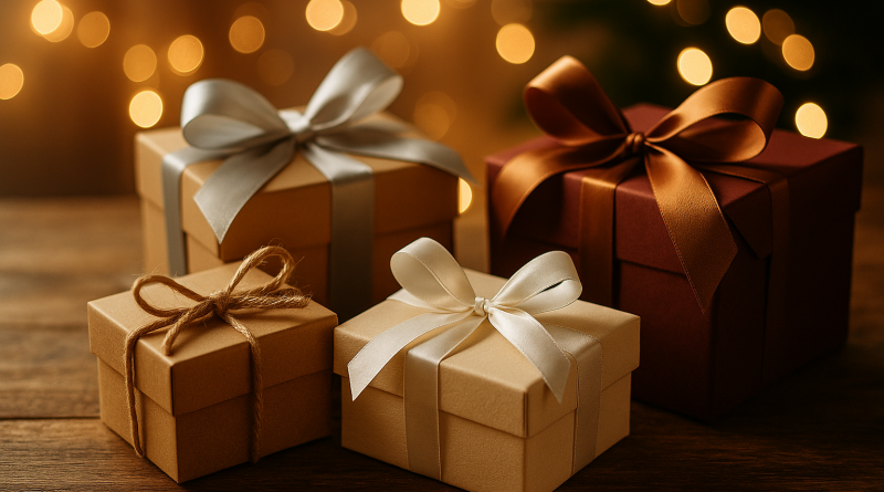 Quatre boîtes cadeaux posées sur une table en bois, éclairées par une lumière chaleureuse en arrière-plan.
