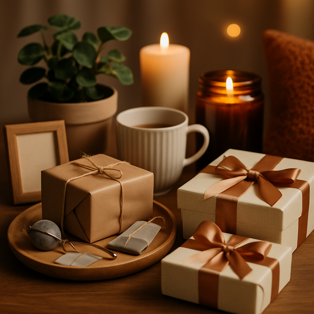 Scène chaleureuse avec des cadeaux emballés, bougies allumées et tasse posée sur une table en ambiance cosy.