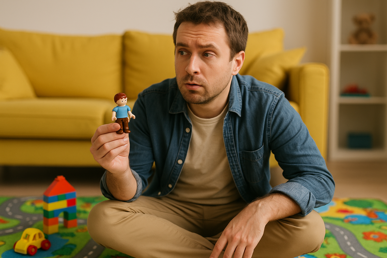 Gros plan d’un adulte assis sur un tapis pour enfants, tenant une petite figurine, entouré de jouets colorés, expression distraite illustrant le concept d’« adulte-enfant ».