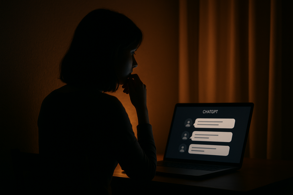 Femme seule, silhouette éclairée par l’écran de son ordinateur dans une pièce sombre, symbolisant la solitude, l’introspection et la recherche d’intimité à travers le numérique.