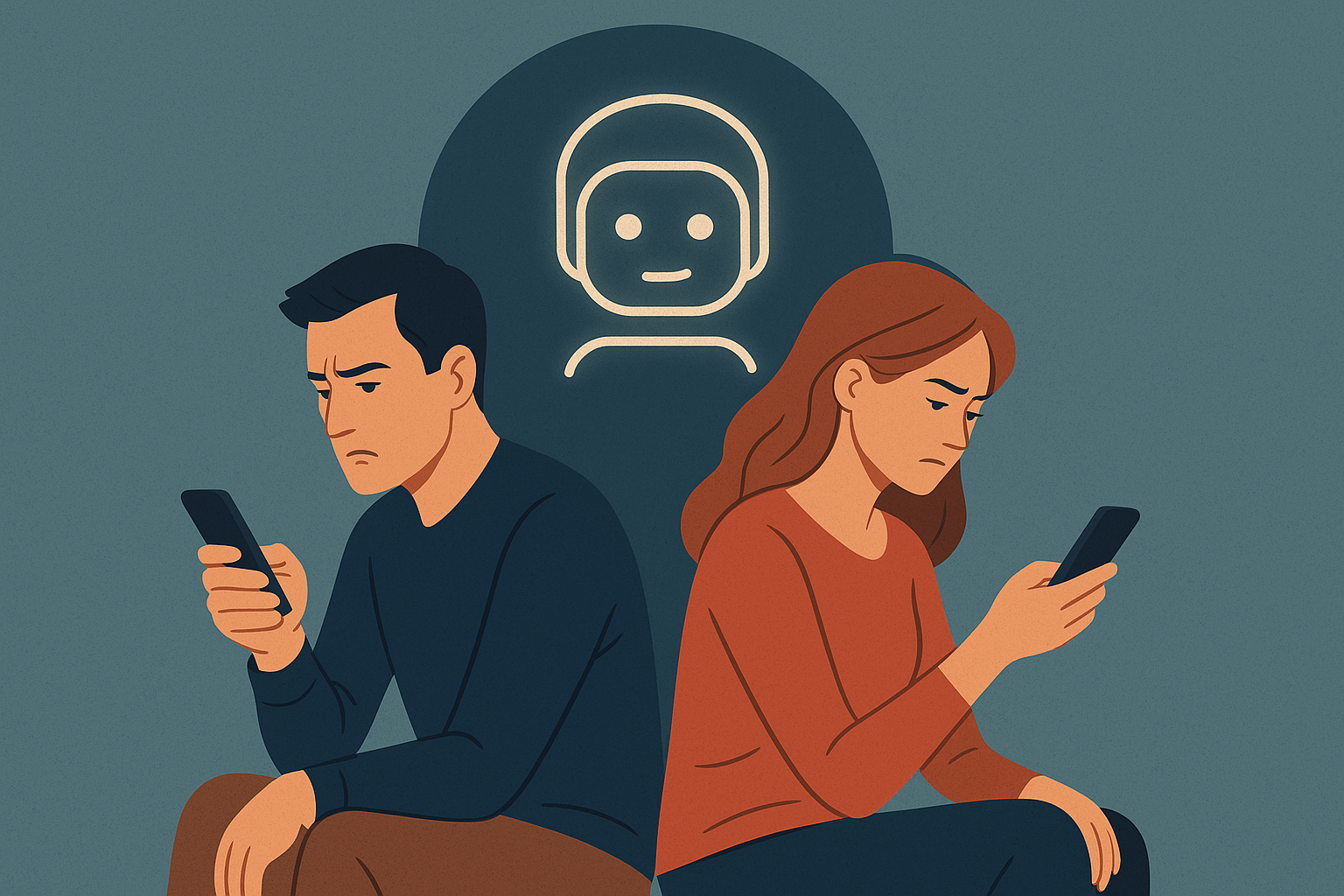 Un homme et une femme dos à dos, chacun tenant un smartphone, à l’arrière-plan un icône stylisé d’IA