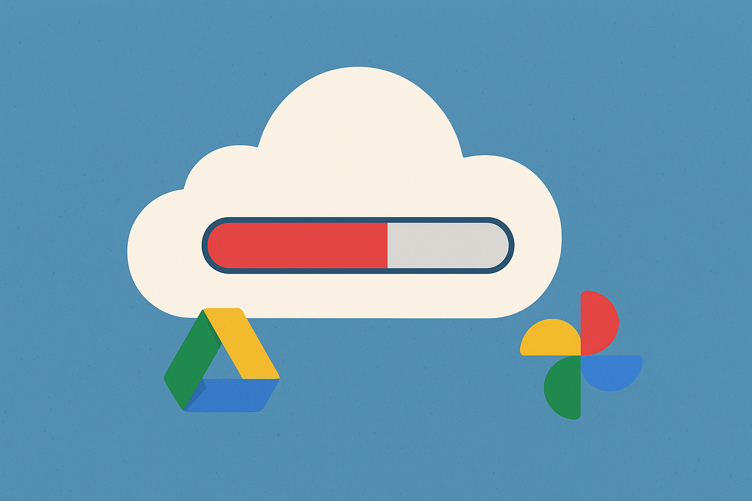 Illustration colorée d’un nuage de stockage numérique sur fond bleu clair, avec des dossiers et une barre de remplissage indiquant un espace presque plein, sans aucun texte.