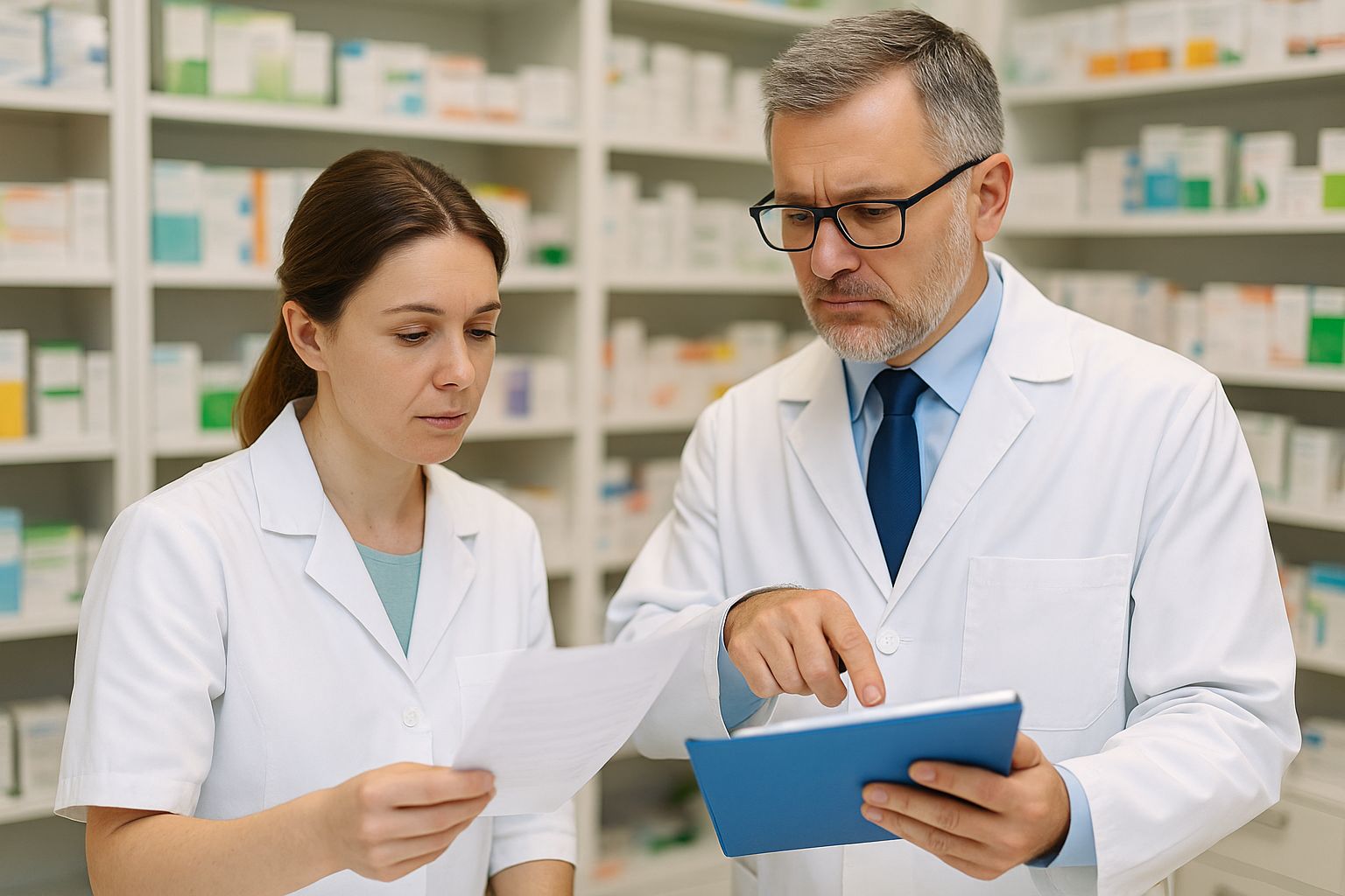 Un employeur en blouse blanche discute sérieusement avec une salariée dans un cadre professionnel lumineux, document à la main.