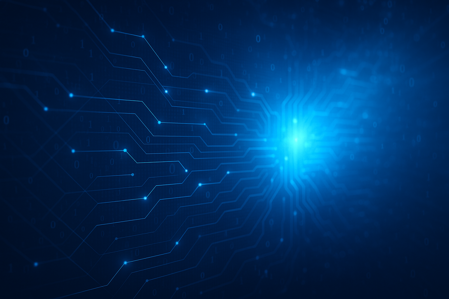 Fond technologique bleu en format paysage représentant des circuits lumineux et des lignes numériques évoquant l’intelligence artificielle et le traitement des données.