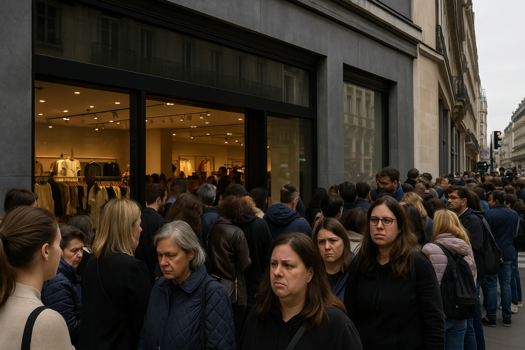 Foule de clients faisant la queue devant une boutique de vêtements moderne à Paris, façade élégante sans enseigne visible, ambiance d’ouverture animée et lumière naturelle sur la rue.
