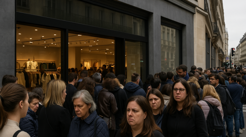 Foule de clients faisant la queue devant une boutique de vêtements moderne à Paris, façade élégante sans enseigne visible, ambiance d’ouverture animée et lumière naturelle sur la rue.