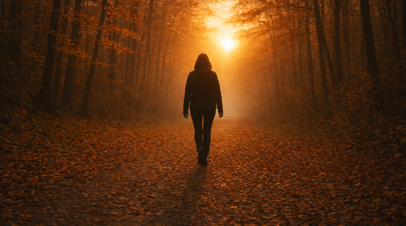 Silhouette d’une personne marchant seule sur un chemin forestier recouvert de feuilles d’automne, baignée par une lumière dorée au coucher du soleil.