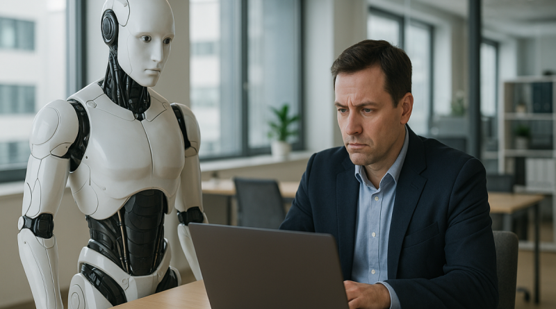 Un robot humanoïde blanc debout à côté d’un homme en costume travaillant sur un ordinateur portable dans un bureau moderne lumineux, symbolisant la crainte du remplacement des humains par l’intelligence artificielle.