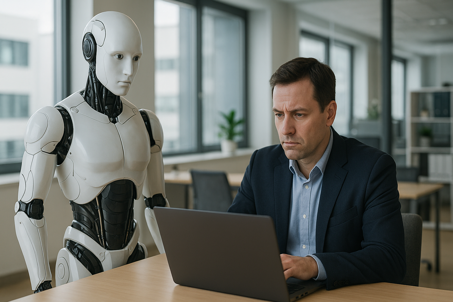 Un robot humanoïde blanc debout à côté d’un homme en costume travaillant sur un ordinateur portable dans un bureau moderne lumineux, symbolisant la crainte du remplacement des humains par l’intelligence artificielle.