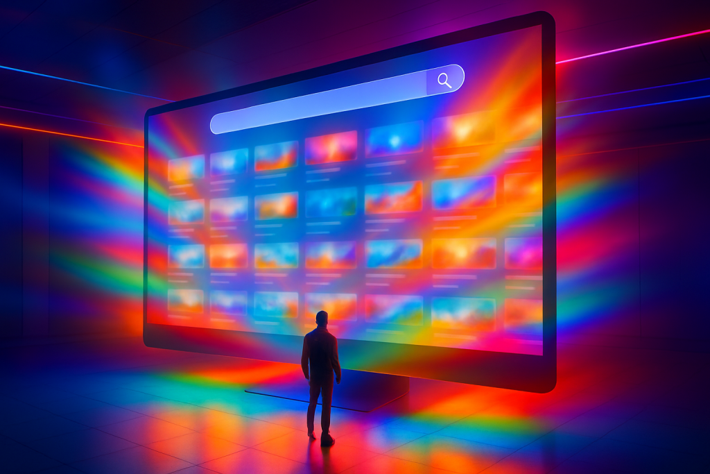 Personne debout face à un immense écran lumineux affichant une interface de recherche et des vignettes colorées, dans un environnement futuriste aux reflets multicolores, symbolisant la découverte de contenus numériques inattendus.