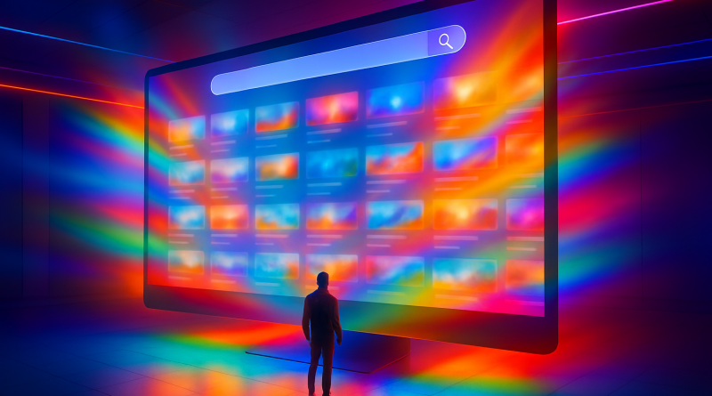 Personne debout face à un immense écran lumineux affichant une interface de recherche et des vignettes colorées, dans un environnement futuriste aux reflets multicolores, symbolisant la découverte de contenus numériques inattendus.
