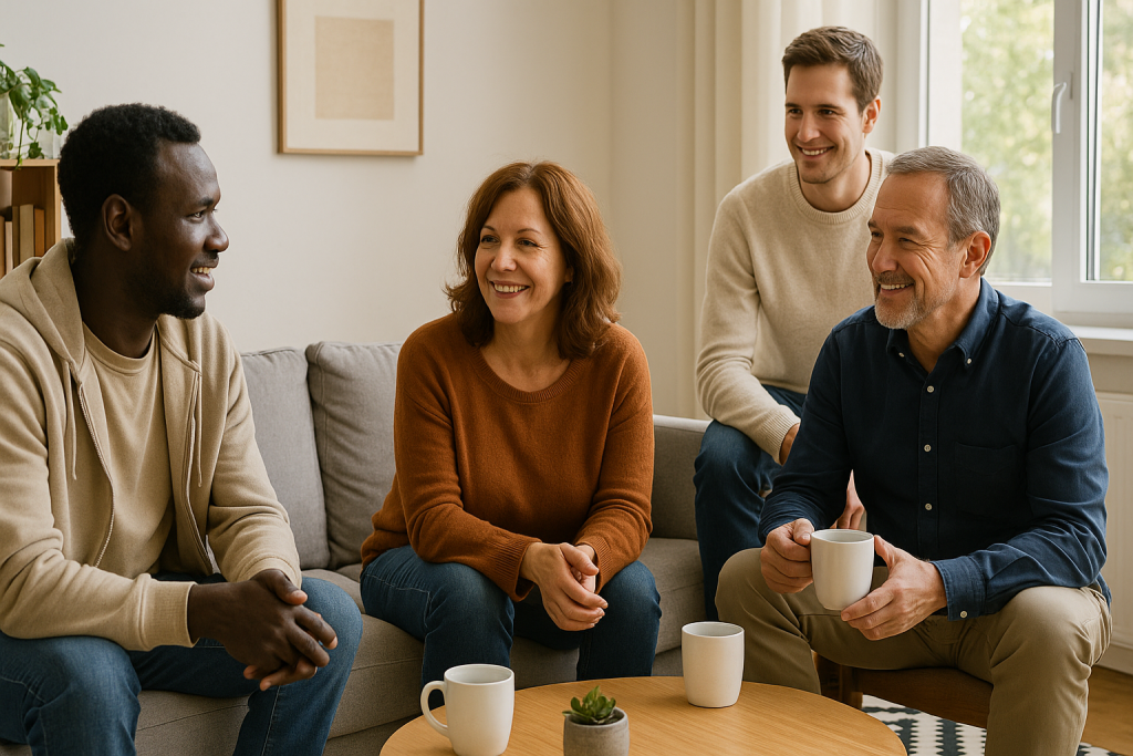 Groupe assis dans un salon lumineux, un homme réfugié échange sourires et conversation avec une famille française autour d’une table basse, ambiance chaleureuse et accueillante.