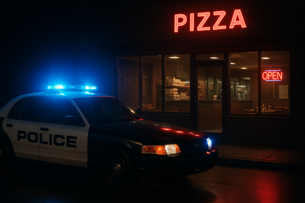 Voiture de police garée devant une pizzeria de nuit, gyrophares bleus allumés, ambiance tendue et scène éclairée par les néons rouges du restaurant