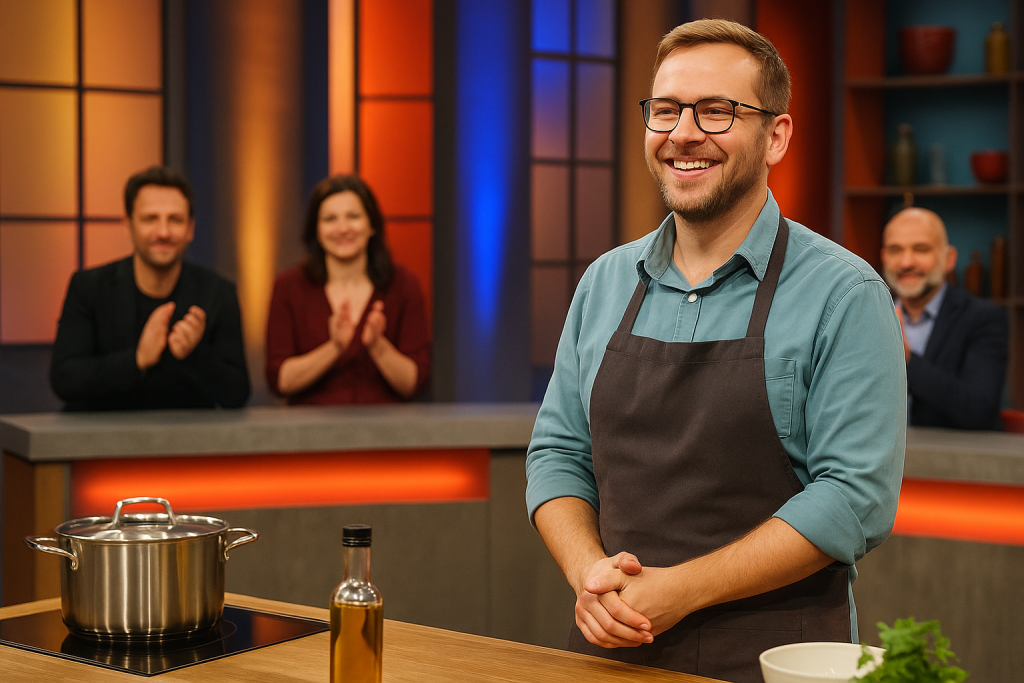 Un homme souriant portant un tablier se tient devant un plan de travail sur le plateau lumineux d’un jeu culinaire télévisé, tandis que trois membres du jury l’applaudissent en arrière-plan.