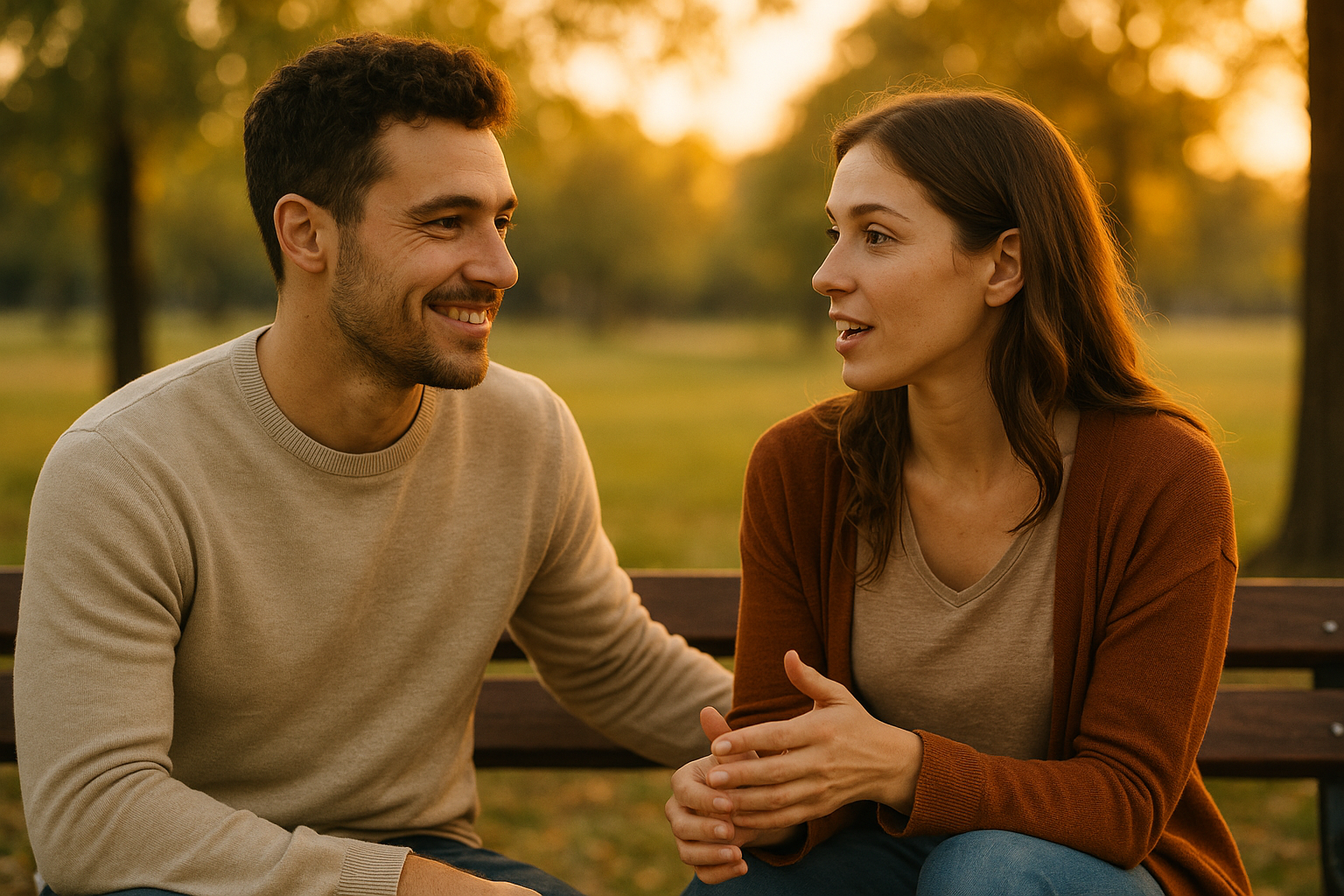 Couple assis dans un parc au coucher du soleil, l’homme écoute attentivement la femme avec un sourire calme.