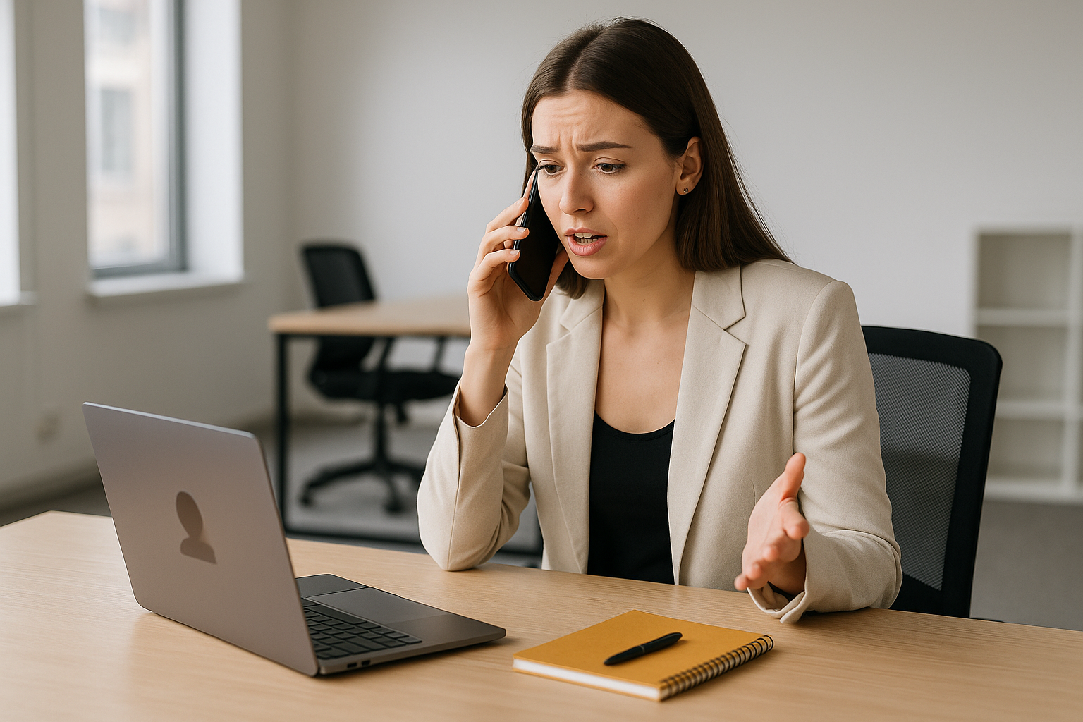 Jeune femme dans un bureau vide, téléphone à la main, en train d’annoncer sa démission en visio.