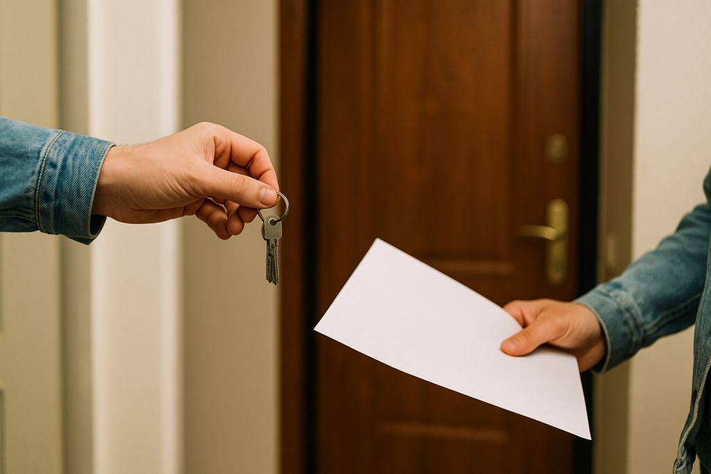 Deux personnes échangent un trousseau de clés devant une porte d’appartement, symbolisant la remise des clés lors d’un départ de logement ou d’une fin de bail locatif.