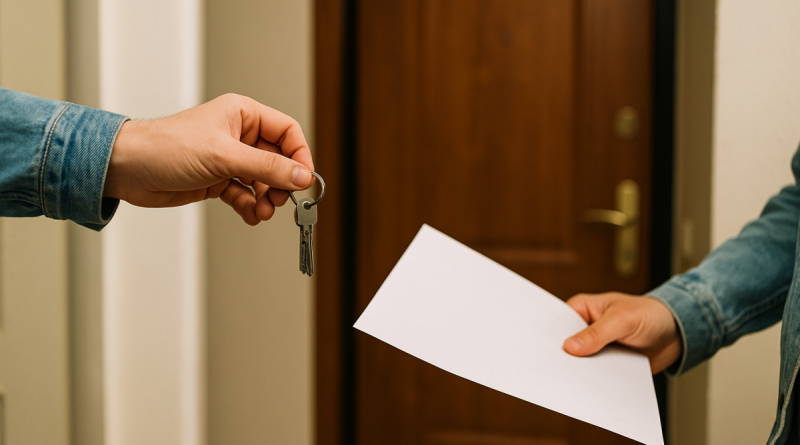 Deux personnes échangent un trousseau de clés devant une porte d’appartement, symbolisant la remise des clés lors d’un départ de logement ou d’une fin de bail locatif.