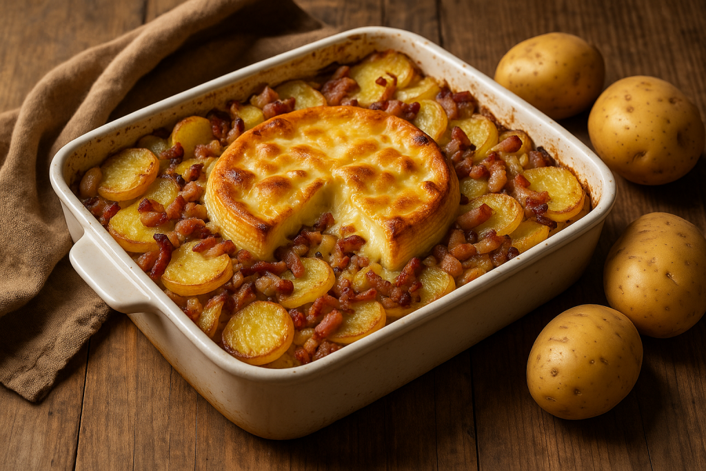 Plat de tartiflette gratiné au fromage, lardons et pommes de terre dans un plat à gratin.