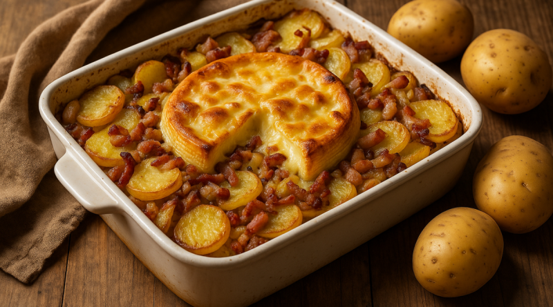 Plat de tartiflette gratiné au fromage, lardons et pommes de terre dans un plat à gratin.