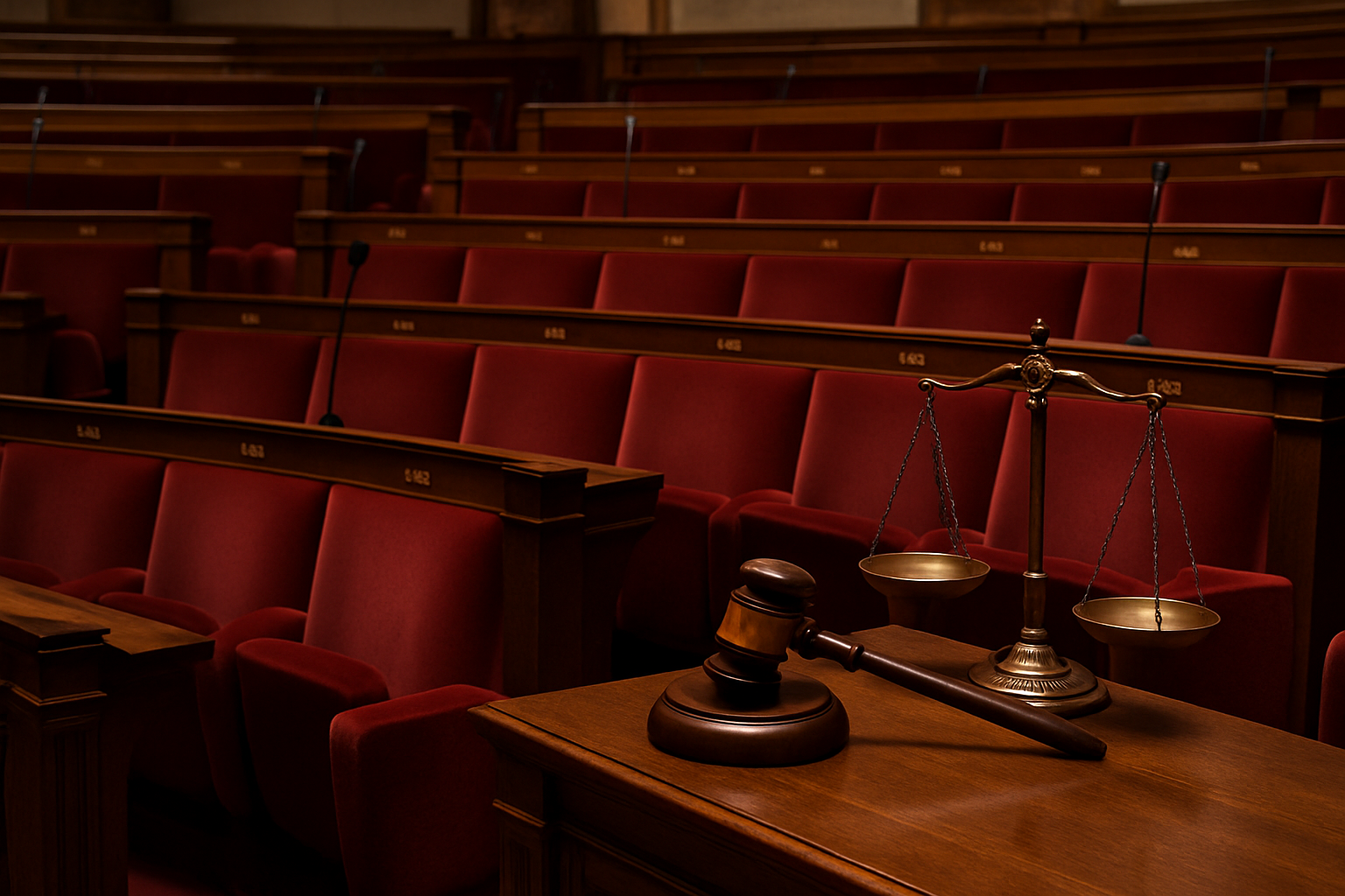Gros plan sur une assemblée parlementaire vide, avec des rangées de sièges rouges et un bureau au premier plan où reposent un marteau de juge et une balance, symbolisant les scandales politiques, la justice et la menace d’inéligibilité pour plusieurs élus.