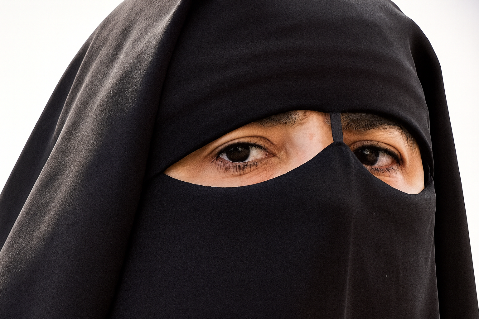 Portrait rapproché d’une personne portant un niqab noir, laissant apparaître uniquement les yeux, éclairés par une lumière douce.