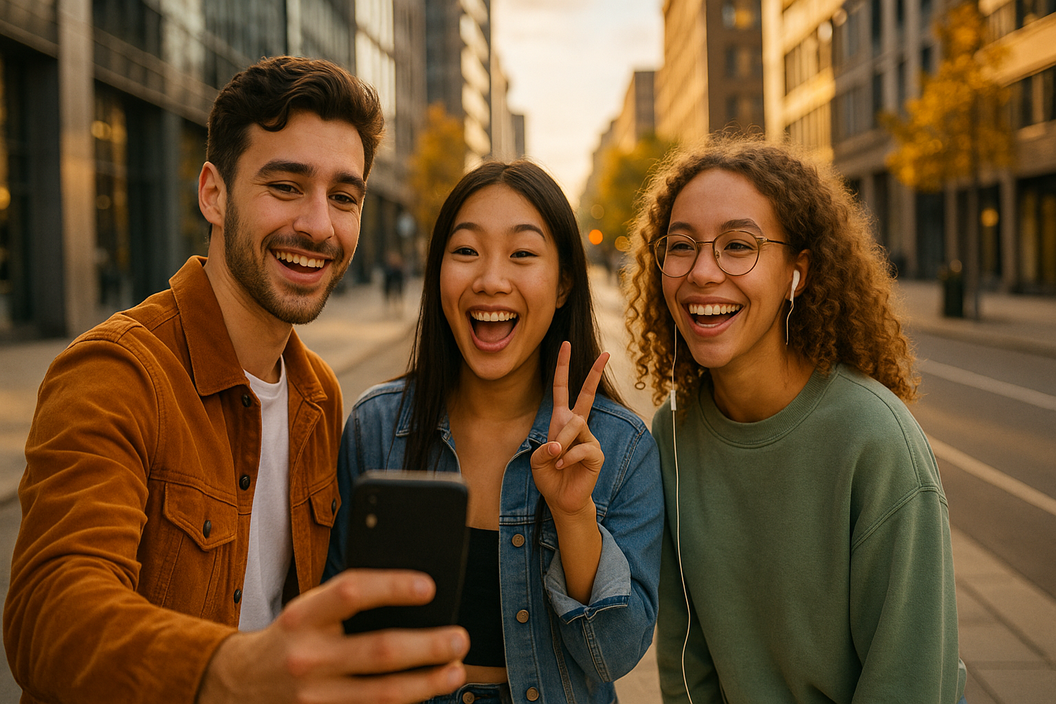 Trois jeunes adultes souriants posent ensemble dans une rue urbaine au coucher du soleil, tandis que l’un d’eux filme avec un smartphone, ambiance chaleureuse et moderne.