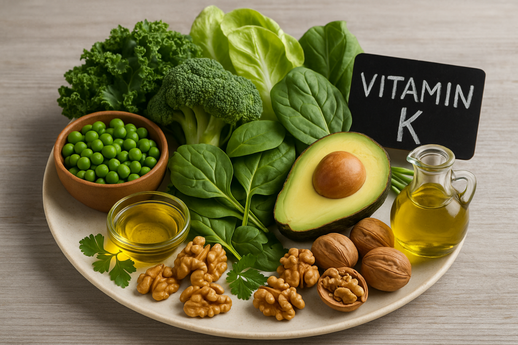 Assiette de légumes verts riches en vitamine K, accompagnée de noix et d’huiles végétales, photographiée en lumière naturelle.