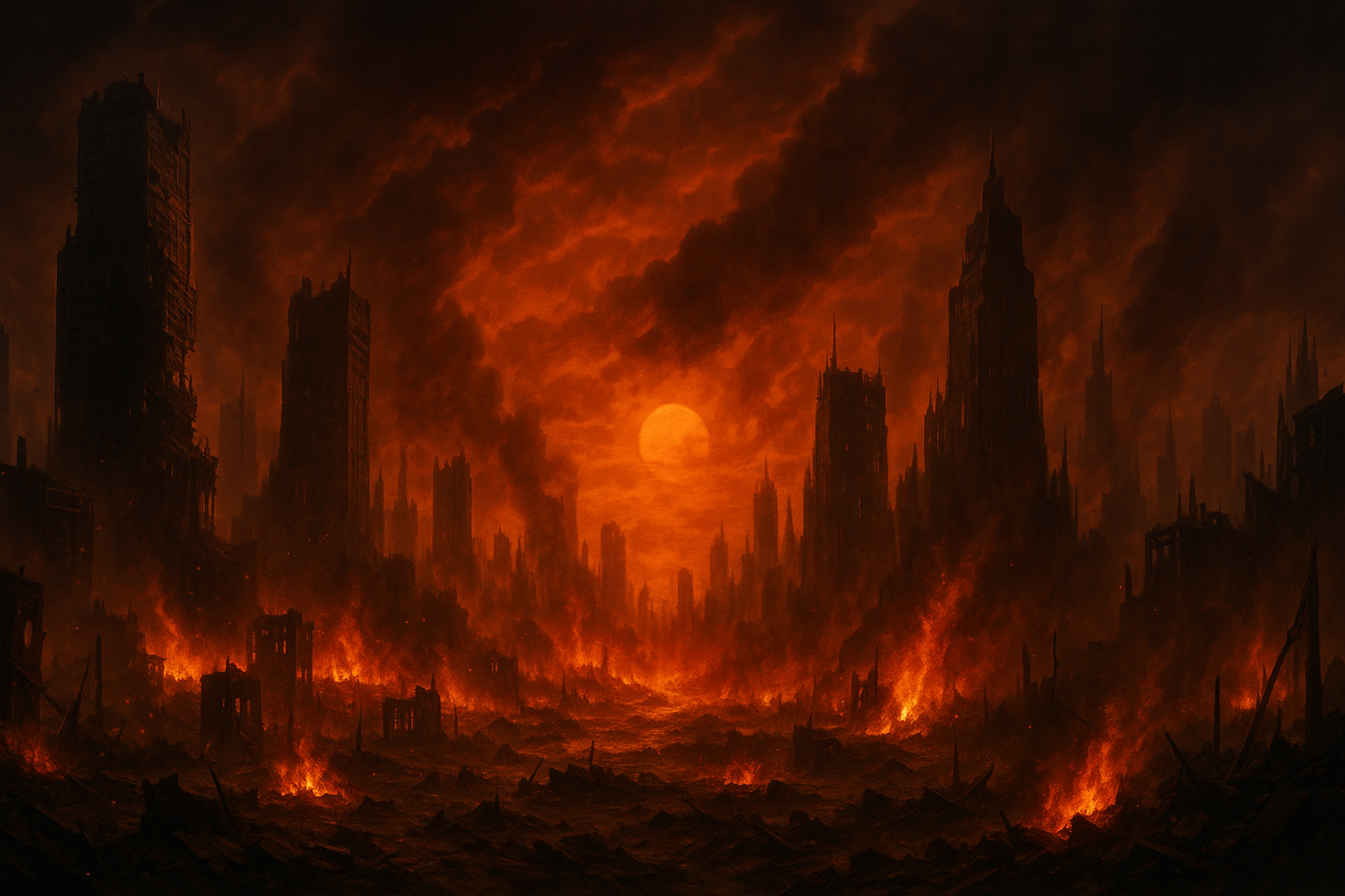 Paysage apocalyptique montrant une ville en ruines entièrement dévorée par les flammes, sous un ciel rouge sombre rempli de fumée, avec un soleil obscurci et des gratte-ciel effondrés émergeant des cendres.