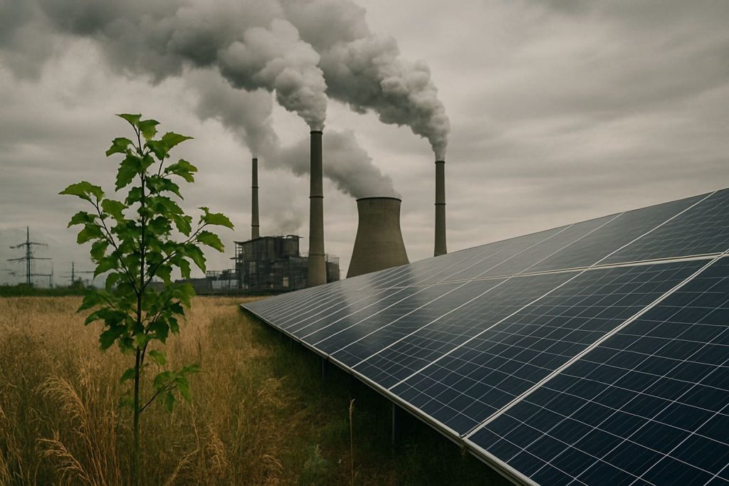 Champs de panneaux solaires au premier plan avec, en arrière-plan, une centrale industrielle rejetant de la fumée, illustrant le contraste entre énergies propres et pollution.