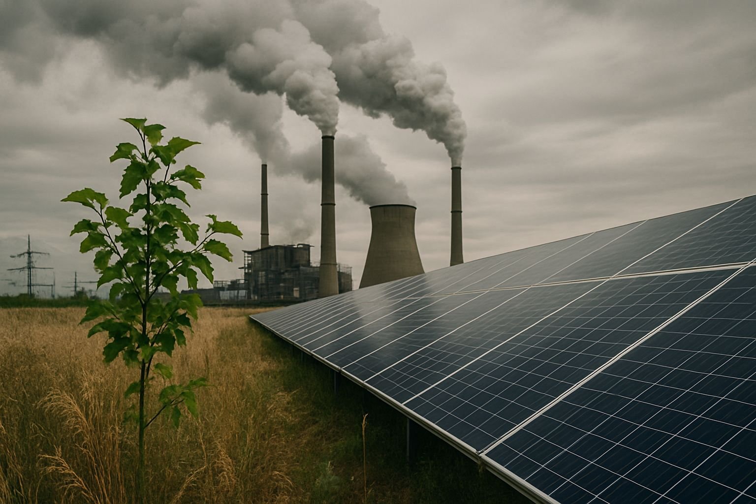 Champs de panneaux solaires au premier plan avec, en arrière-plan, une centrale industrielle rejetant de la fumée, illustrant le contraste entre énergies propres et pollution.