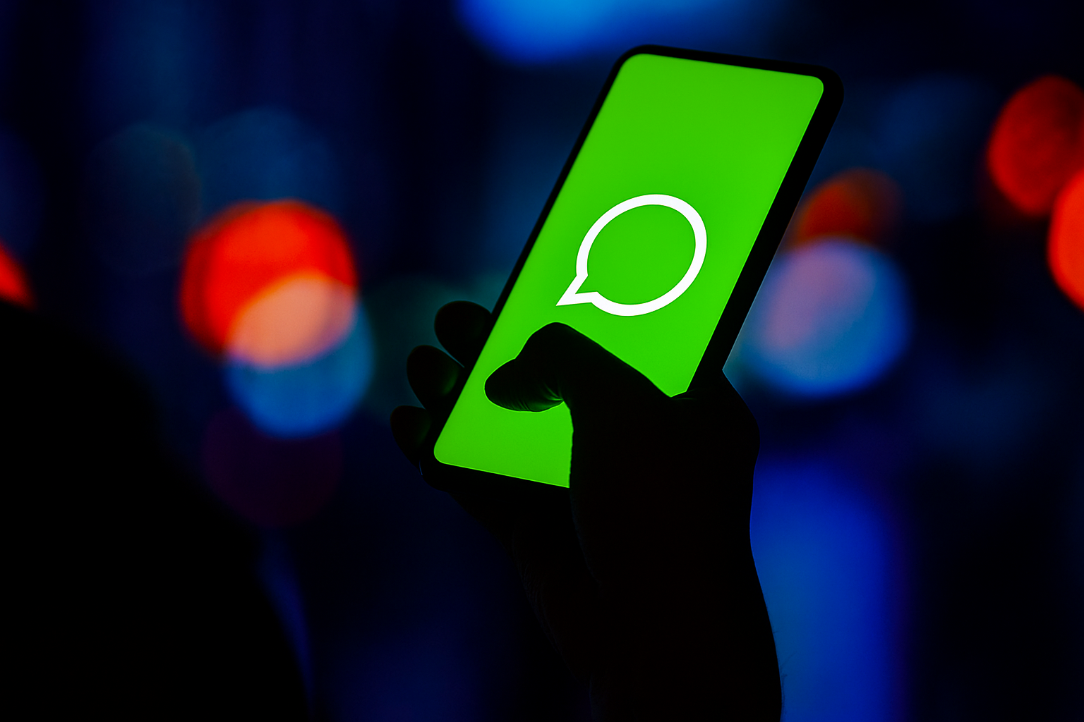 Main tenant un smartphone à l’écran vert lumineux sur fond de lumières floues colorées, sans texte ni logo visible, ambiance nocturne et moderne.