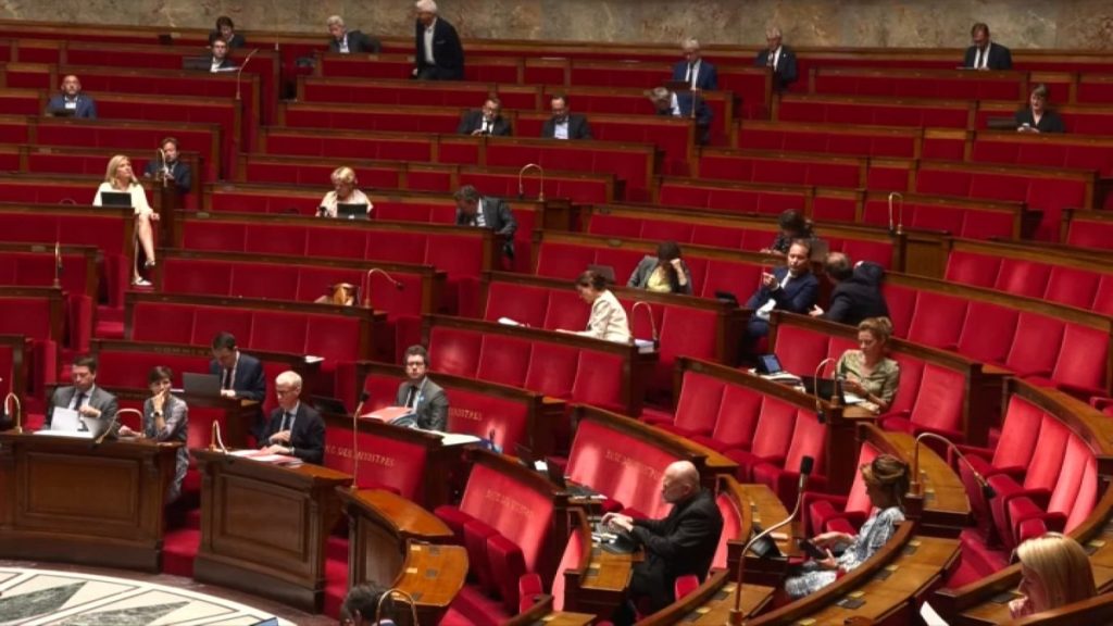 Hémicycle de l’Assemblée nationale presque vide, avec quelques députés disséminés dans les rangées de sièges rouges pendant une séance.