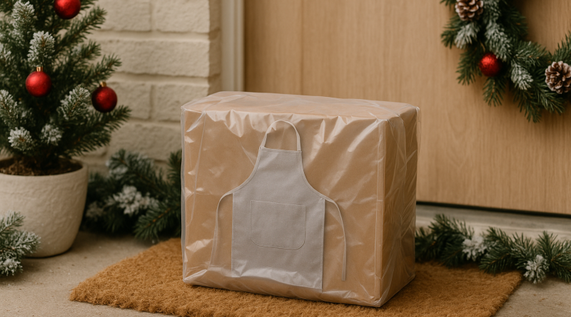 Colis posé sur un paillasson, emballé dans un plastique translucide laissant apparaître un tablier de cuisine.
