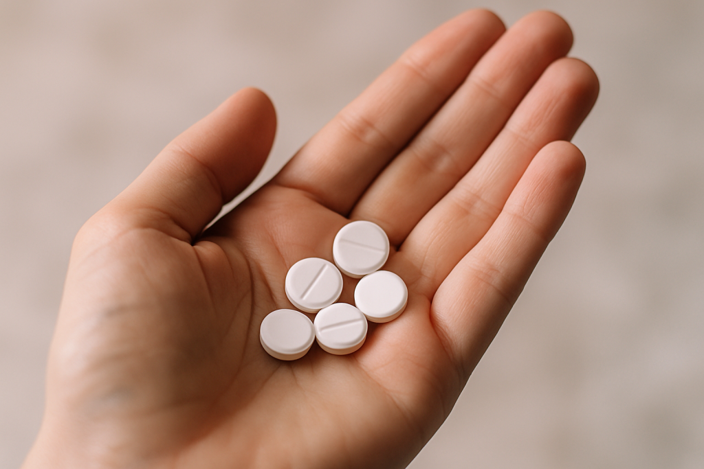 gros plan de comprimés psychotropes posés dans une main ouverte, arrière-plan flou doux