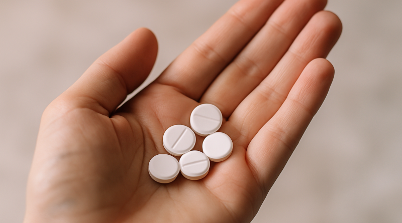 gros plan de comprimés psychotropes posés dans une main ouverte, arrière-plan flou doux