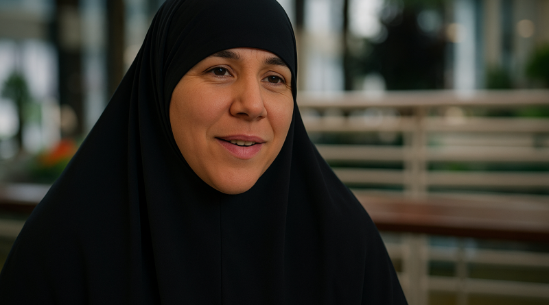 Femme portant un voile noir dans un environnement intérieur lumineux, expression paisible et regard tourné vers l’objectif.